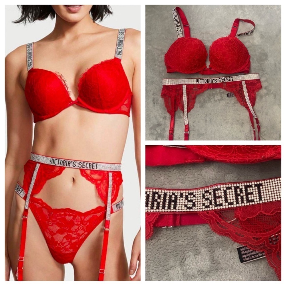 New! SET Victoria’s Secret bombshell shine strap bra garter red 10308